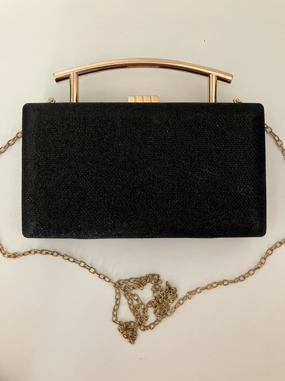 Elegant Black Evening Clutch Bag with Gold Handle and Chain